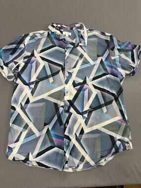 Calvin Klein Men's XL Blue Geometric Short Sleeve Button Up Shirt